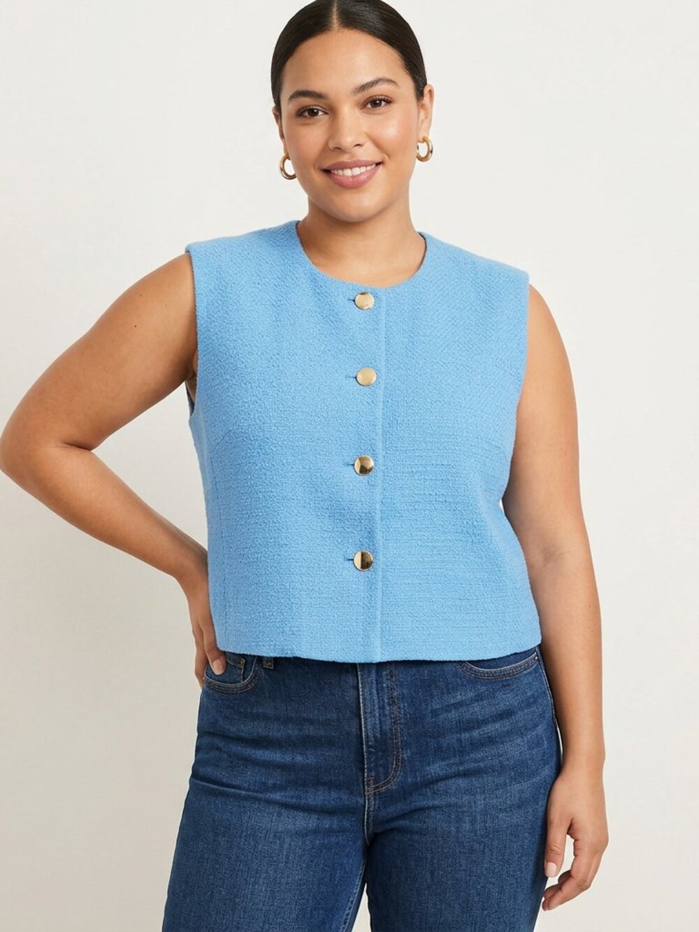 Ann Taylor Factory Tweed Vest NWOT Sky Blue Size 14 Cropped Button Front Bouclé